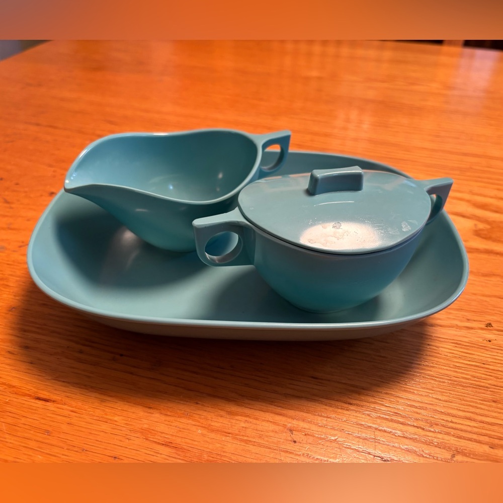 Vintage MELMAC Melamine Turquoise blue Cream & Sugar Bowl Lid + Matching Tray